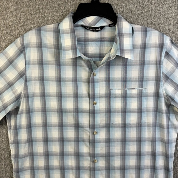 Travis Mathew Blue Gray Plaid Short Sleeve Button Up Shirt Men's Size L READ - Picture 3 of 13
